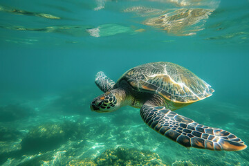 Obraz premium A sea turtle swimming under clear water 