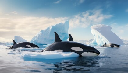 Fototapeta premium Groups of Orcas or killer whales swim and hunt for prey, the top of the food chain in a sea of ​​ice floes