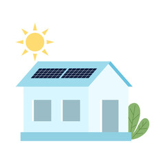 Solar panels on the roof country house with sun and plant. Home alternative electricity. Vector illustration.