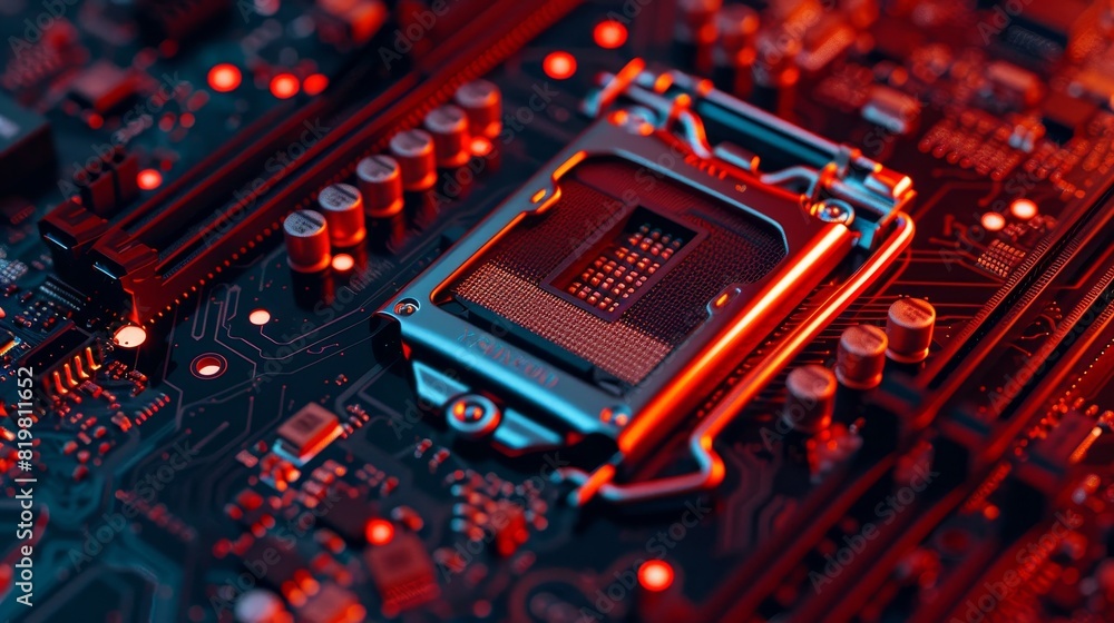 Poster an ai-based design for a secure connection concept showing a close-up of a compute motherboard and a