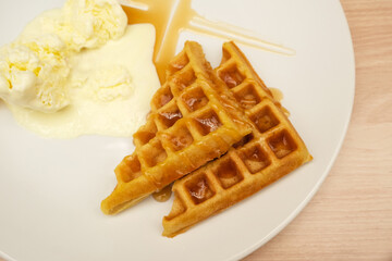 Caramel Waffles with Vanilla Ice Cream
