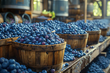 The harvested blueberries are neatly packed in wooden boxes on the sorting line, ready for distribution at a bustling orchard during the peak of the harvest season