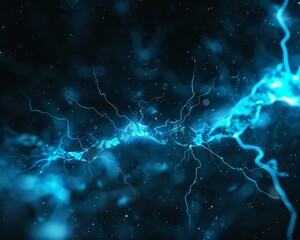 Network of neurons firing in a dark environment, synaptic activity highlighted with bright, electric blue sparks, digital art, emphasizing brain communication and function
