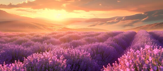 Fototapeta premium Enchanting Lavender Field at Sunset in Pastoral Countryside Landscape