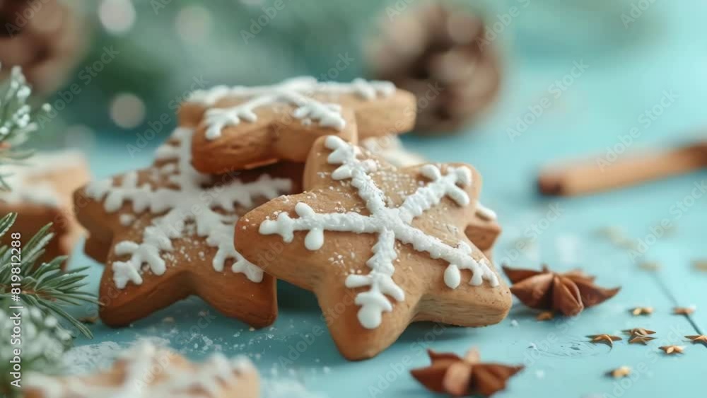 Poster a stack of gingerbread cookies with white icing and snowflake designs. the cookies are placed on a b