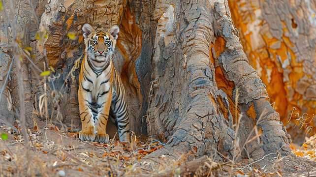 Attractive Bengal tiger (Panthera tigris tigris), young animal standing at base of tree, Tadoba Andhari