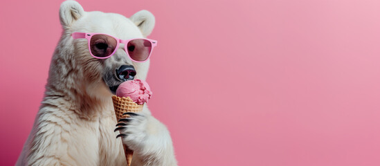 Polar Bear with Sunglasses Eating Ice Cream.