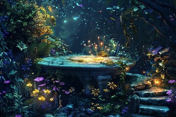 Secret garden with an enchanted stone platform, surrounded by lush, exotic plants and magical glowing flowers, under starlit sky, digital fantasy style