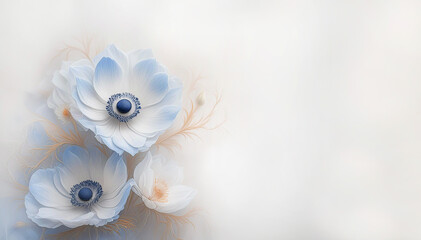 Ilustracja niebieski zawilec. Pastelowe kwiaty, puste tło, miejsce na tekst, zaproszenie. 