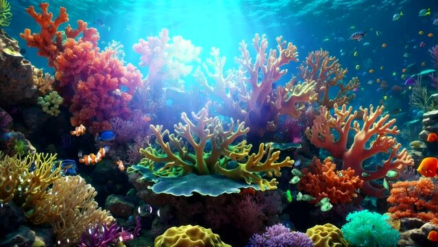 Vibrant Coral Reef Underwater Scene with Sunlight Rays - Seamless Looping 4K Time-Lapse Virtual Video Animation Background of a Colorful Ocean Ecosystem