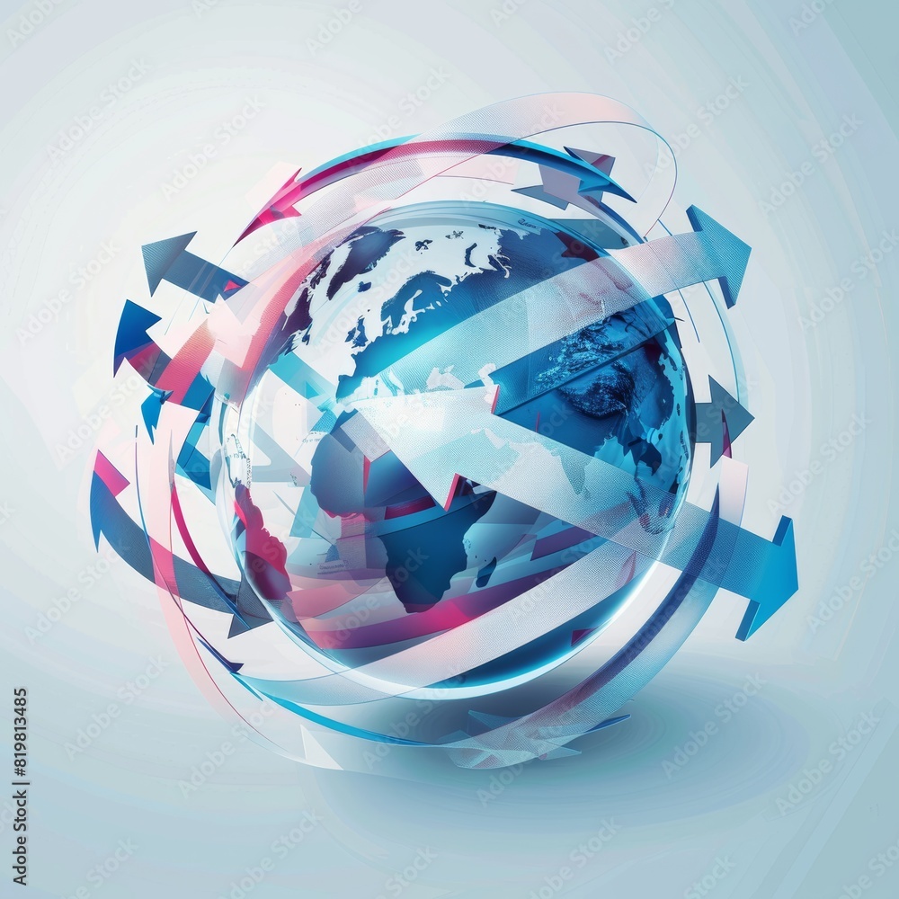 Poster abstract design symbolizing global logistics with overlapping transparent arrows across a globe - fl
