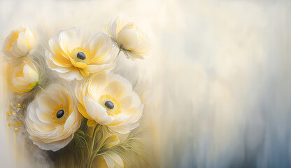 Ilustracja, dekoracyjne akrylowe żółte kwiaty zawilce. Puste miejsce na tekst, życzenia
