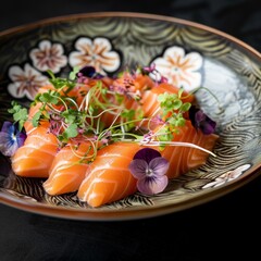 Upscale Japanese dining experience showcasing delicate pieces of salmon sashimi garnished with microgreens, served on a hand-painted ceramic plate with traditional Japanese motifs
