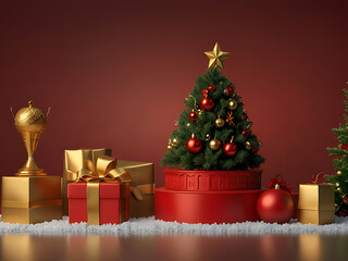 Christmas podium with copy space for product advertisement showcasing. Empty 3D pedestal in red and warm gold color theme. Generative AI..
