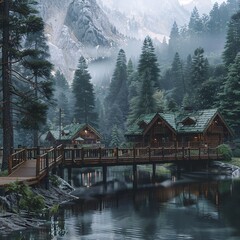 Obraz premium a large body of water with trees and houses