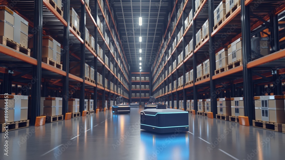 Poster a robot-operated logistics warehouse with automated guided vehicles transporting goods between aisle