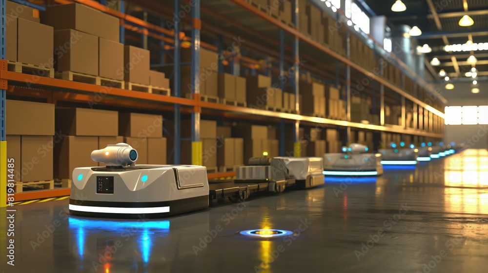Poster a robot-operated logistics warehouse with automated guided vehicles transporting goods between aisle