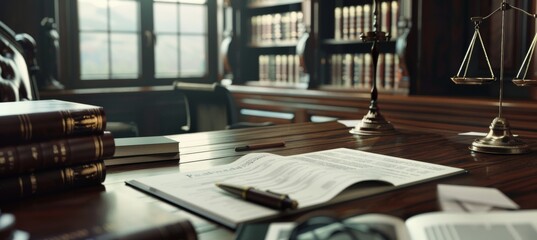 Legal Consultation Service Advertising Banner Featuring a Serene Office with Contract and Law Books in Background