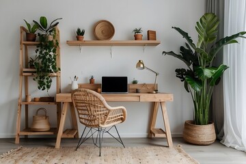 Stylish and boho home interior of open work space with wooden desk chair lamp laptop and white shelf Design and elegant personal accessories Botany and minimalist home decor with plants