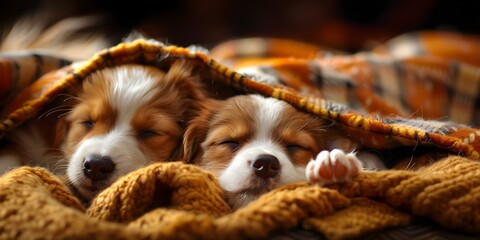 Adorable puppies snuggled in a cozy blanket nook sharing heartwarming moments. Concept Puppies, Snuggling, Cozy Blanket, Heartwarming Moments, Adorable