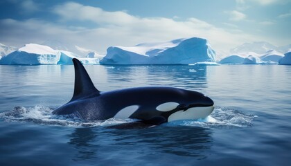 Fototapeta premium Groups of Orcas or killer whales swim and hunt for prey, the top of the food chain in a sea of ​​ice floes