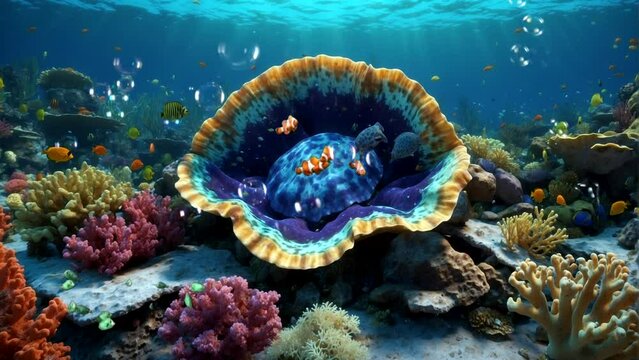 big sea shells under sea water and bubbles