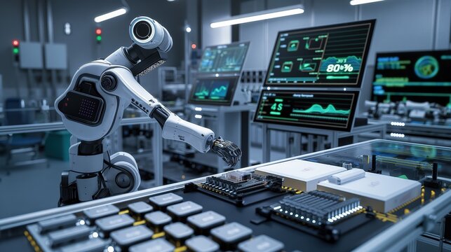 A robotic system sorting and assembling battery cells in a clean energy storage production line, with monitoring screens displaying real-time data. 