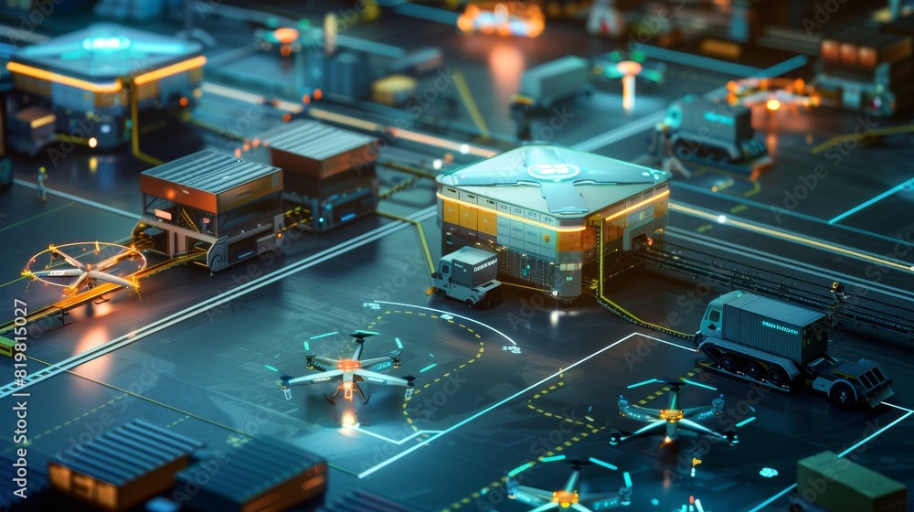 Poster aerial nighttime view of automated smart warehouse with drones and robots picking and packing goods 
