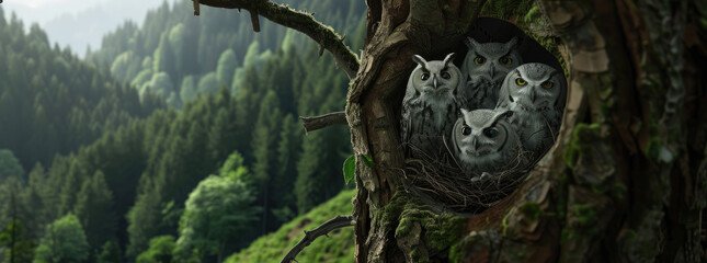 a family of owls in their nest made in the top hollow of a tree with dark forest in background,...
