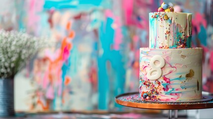 Abstract Edible Art Birthday Cake with Number 8, Set Against a Vibrant Gallery Wall - Ideal for Print, Card, Poster Design