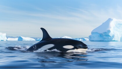 Fototapeta premium Groups of Orcas or killer whales swim and hunt for prey, the top of the food chain in a sea of ​​ice floes