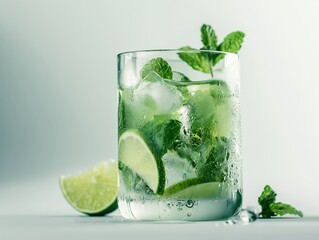 transparent rocks glass filled with a classic mojito, mint leaves, lime slices, and ice cubes