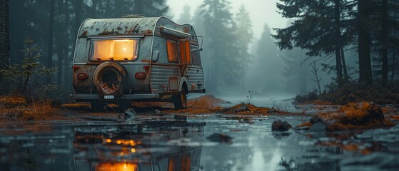 A rusted old trailer is parked in a muddy field
