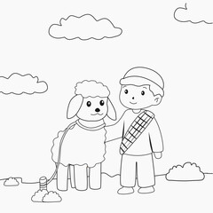boy muslim character with sheep cartoon coloring page for kids