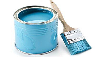 Can of light blue paint and brush isolated on white