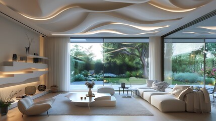 Fototapeta premium modern living room with a sculpted ceiling that mimics waves