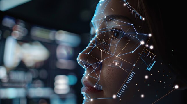 Modern Analyst Examining AI Facial Mapping Overlay in Smart Security Control Center
