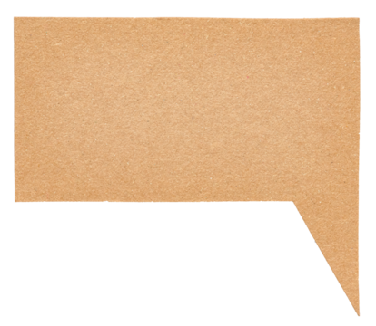 Blank cut out brown cardboard paper speech bubble of shape with copy space for text on transparent png background design element