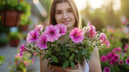 Fototapeta premium Female gardener holding rectangle planter looking to side smiling. Attractive girl holding potted violet petunias in garden.
