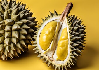 Close-up of durian fruits against a yellow background.