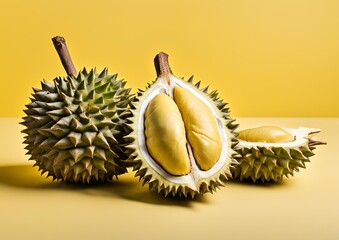 Close-up of durian fruits against a yellow background.