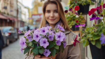 Fototapeta premium Female gardener holding rectangle planter looking to side smiling. Attractive girl holding potted violet petunias in garden.