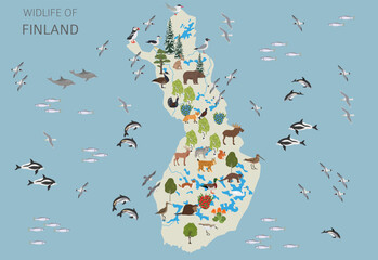 Flat design of Finland wildlife. Animals, birds and plants constructor elements isolated on white set. Build your own geography infographics collection