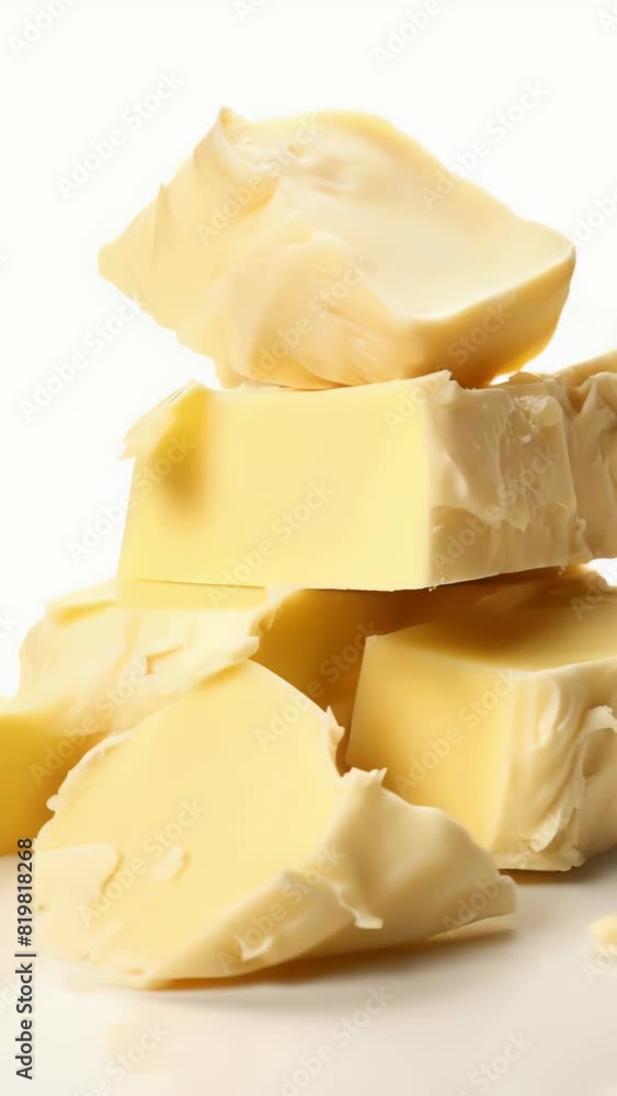 Poster a stack of butter slices on a white background. the butter is spread out and has a creamy texture