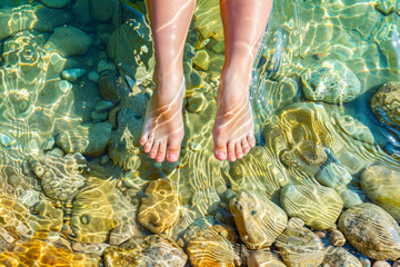Children's feet in the water of the lake