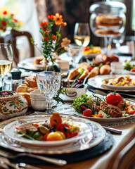 A table set with an assortment of colorful and appetizing dishes, close-up