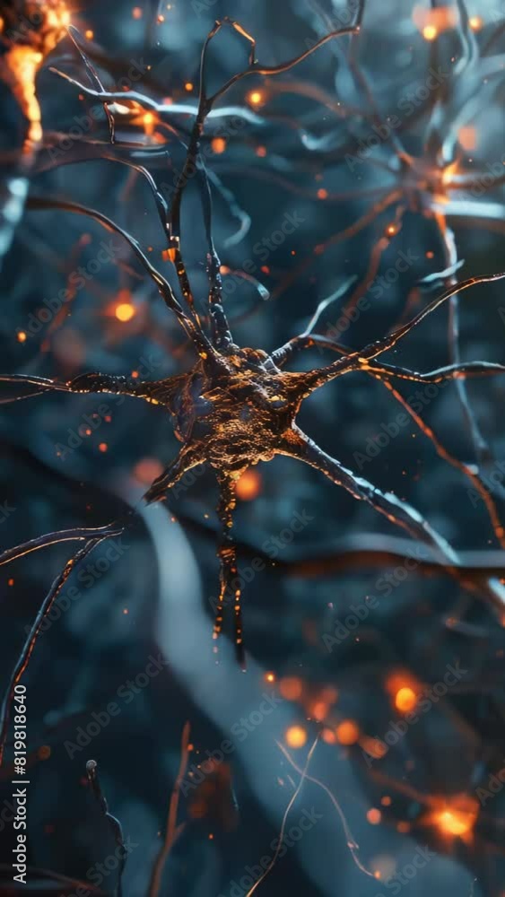 Poster a close up of a brain with many neurons. the neurons are lit up with a blue background