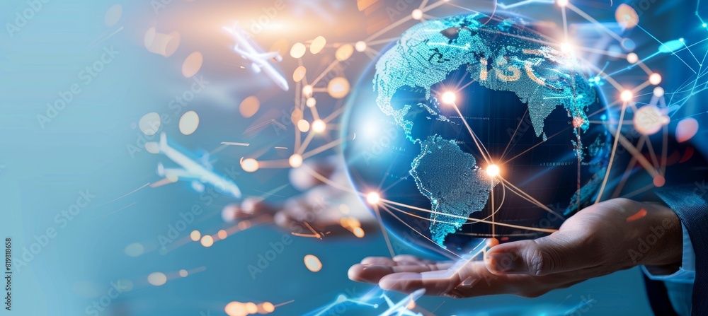 Poster global logistics control - logician's hands with digital globe and flight routes highlighted for pos