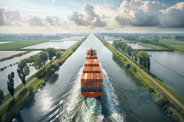 Global Logistics and Trade: Aerial View of Container Ship Navigating Canal under a Cloudy Sky
