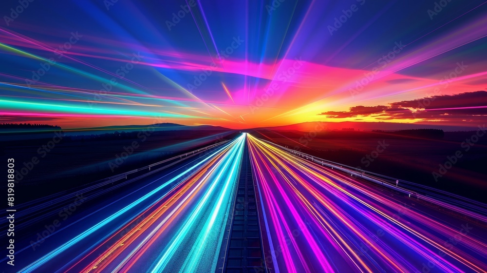 Poster in the background is an abstract rainbow neon background with light trails over an empty highway lea